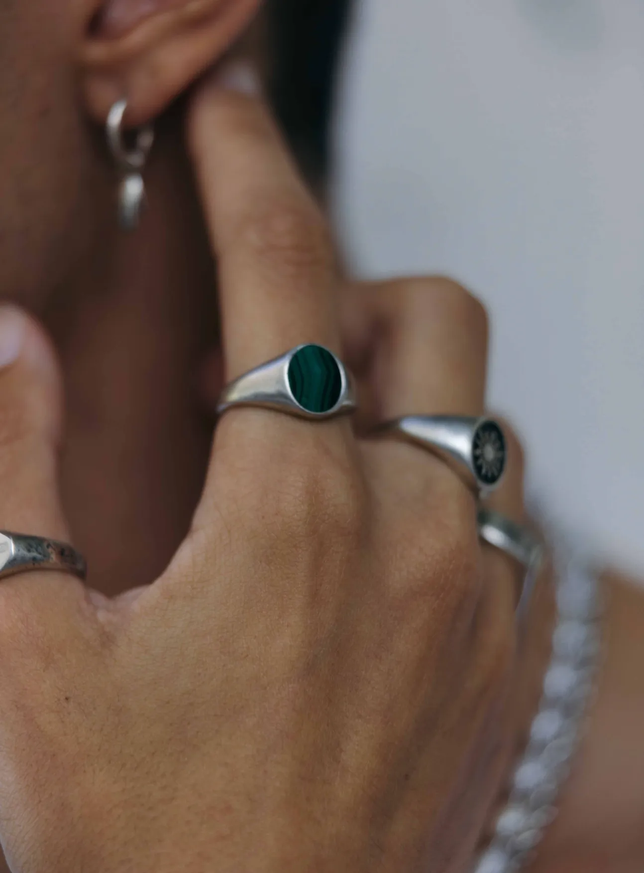 Sterling Silver Oval Signet Ring With Malachite Stone