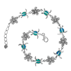 Sterling Silver Synthetic Blue Opal Turtle and Plumeria Bracelet, 7.5 0.75" Extender