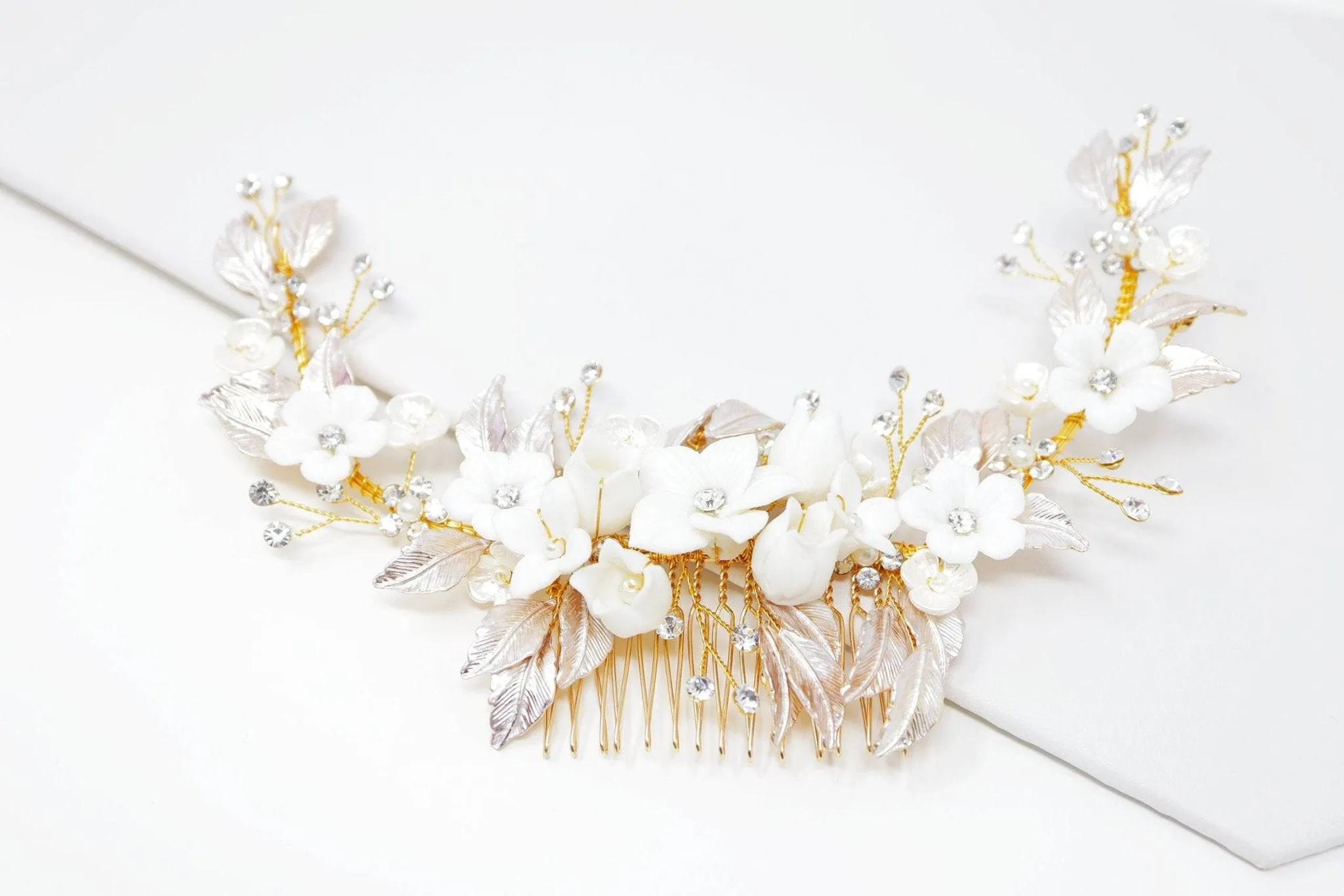 Swarovski Crystals Large Ceramic White flower Bridal Hair piece, Bridal Hair Accessories, Wedding Hair Accessory, Bridal Hair Comb.