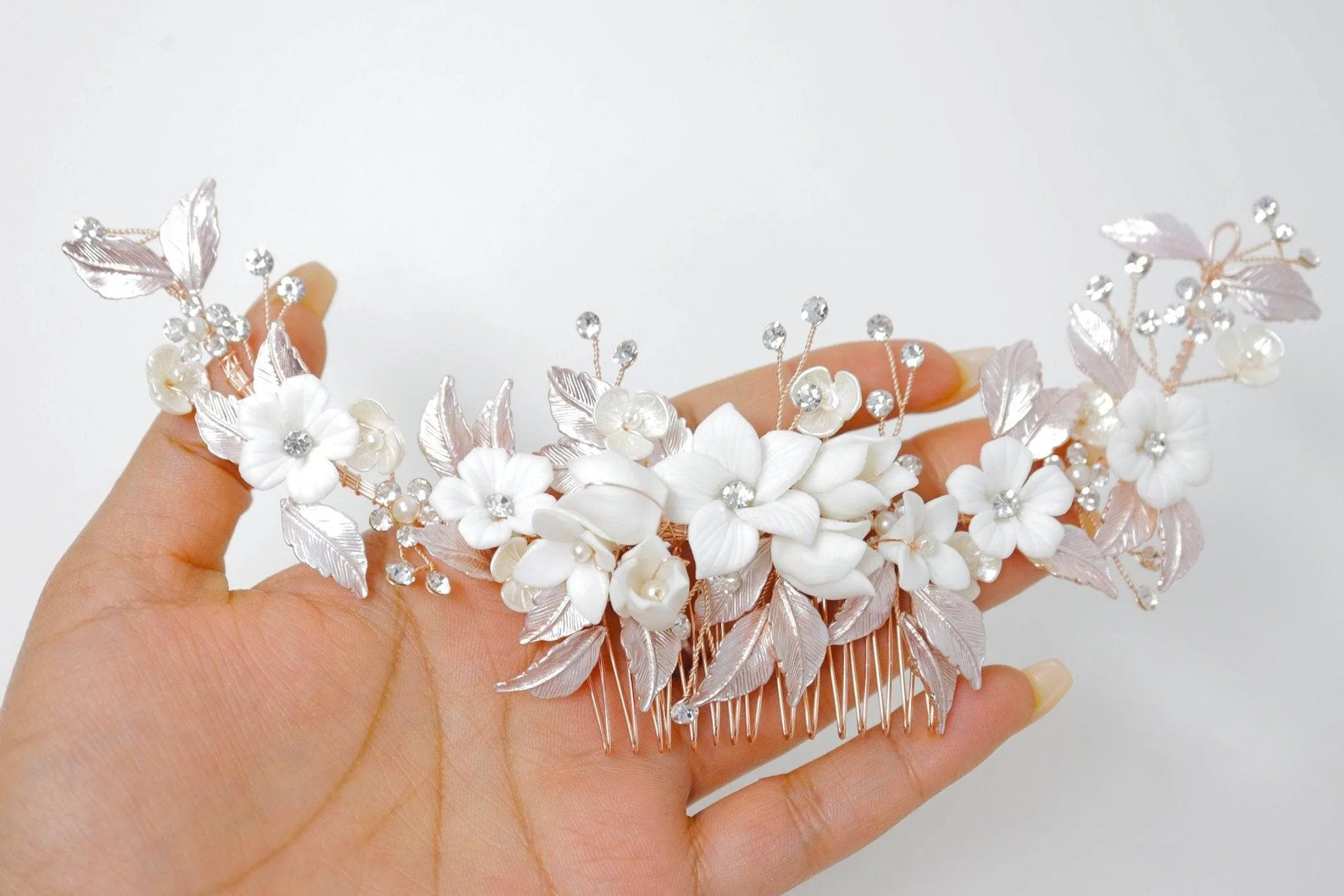 Swarovski Crystals Large Ceramic White flower Bridal Hair piece, Bridal Hair Accessories, Wedding Hair Accessory, Bridal Hair Comb.