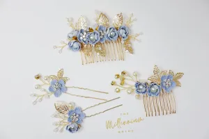 Swarovski Crystals Pearl Light Blue flower Hair Comb' Bridal Hair Accessories, Wedding Hair Accessory, Bridal Blue Hair Comb And Pins Set.