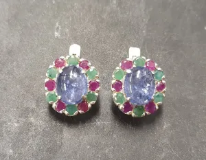 Tanzanite Flower Earrings - Large Blue Studs - Vintage Floral Earrings