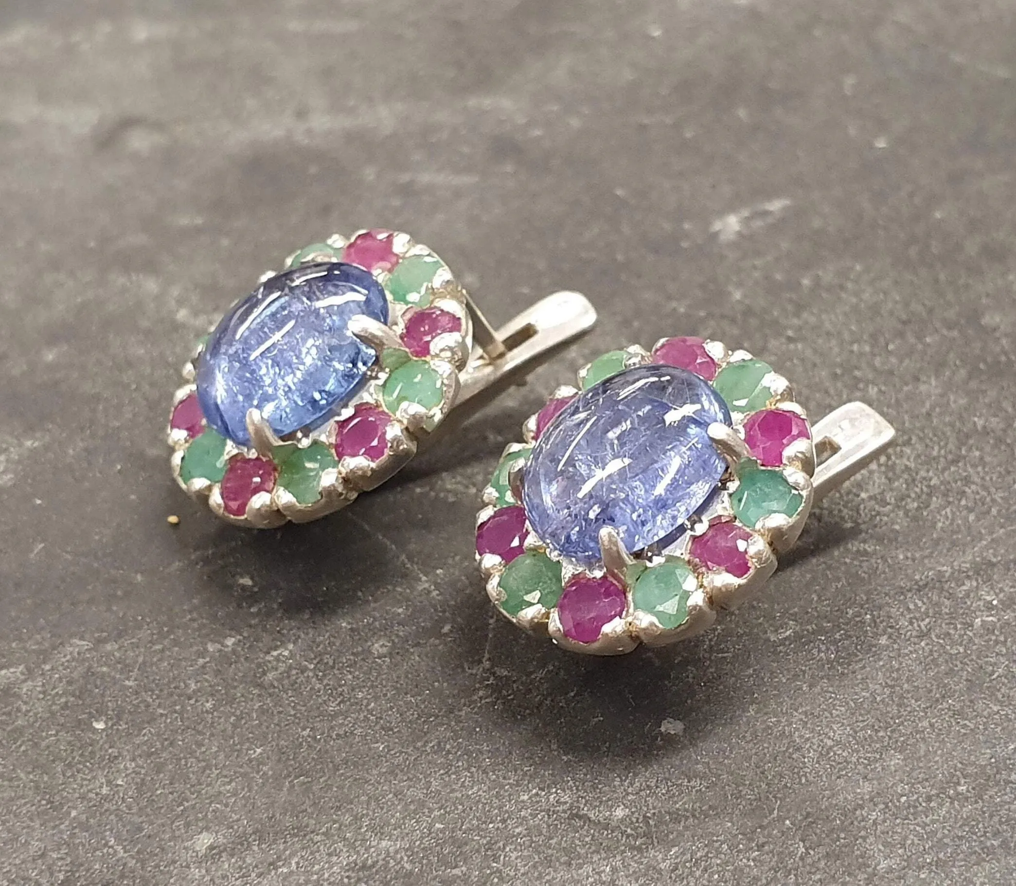 Tanzanite Flower Earrings - Large Blue Studs - Vintage Floral Earrings