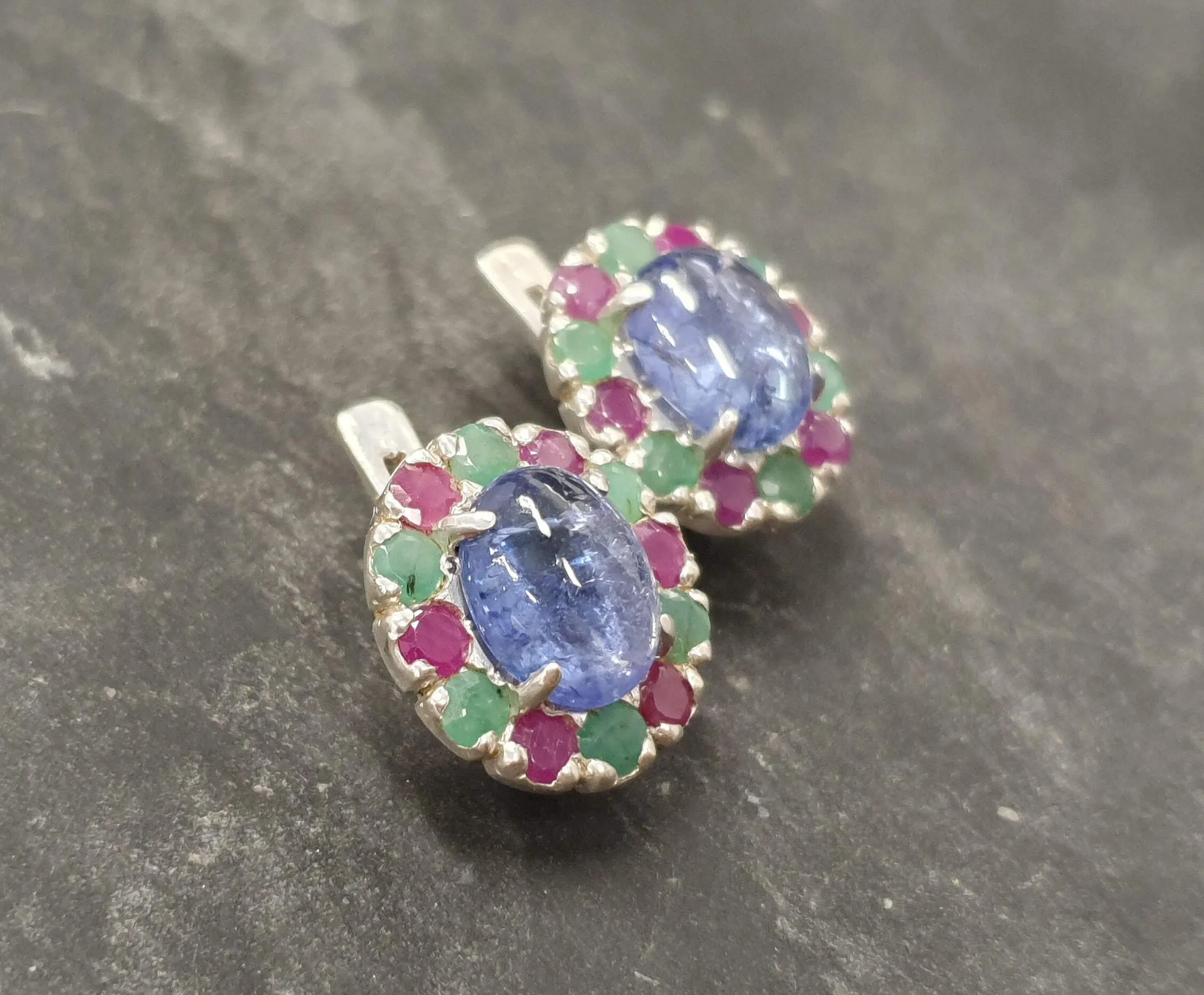 Tanzanite Flower Earrings - Large Blue Studs - Vintage Floral Earrings