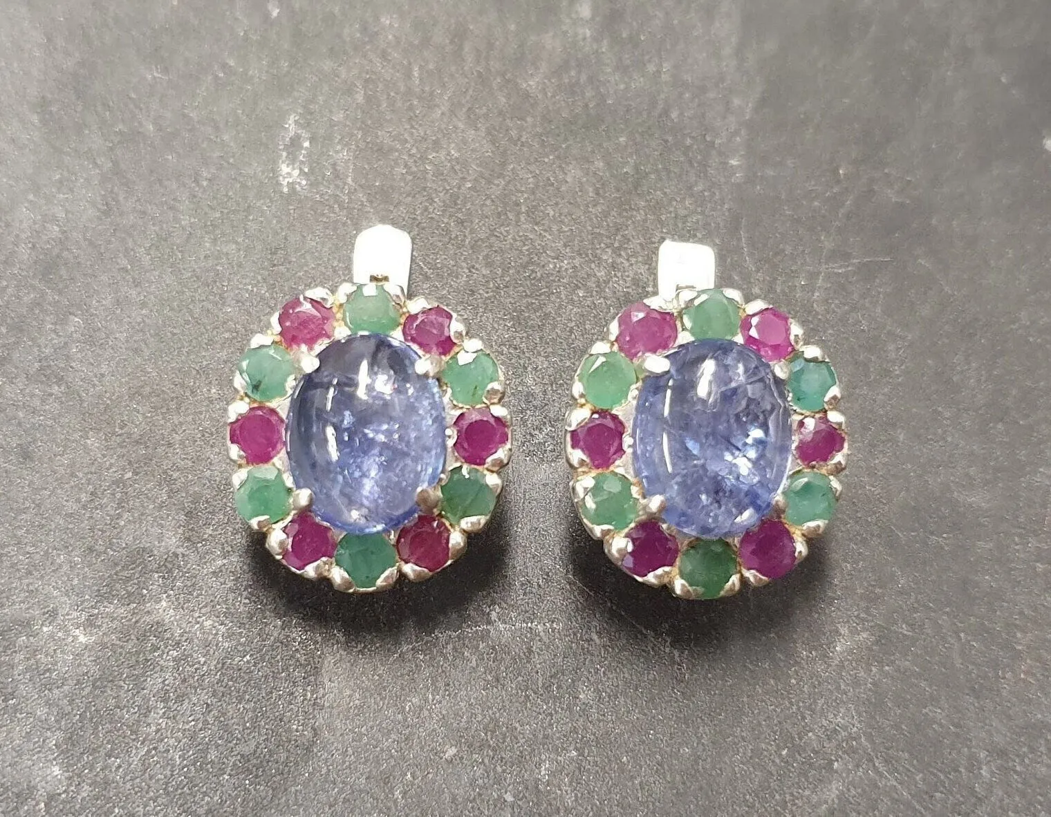 Tanzanite Flower Earrings - Large Blue Studs - Vintage Floral Earrings