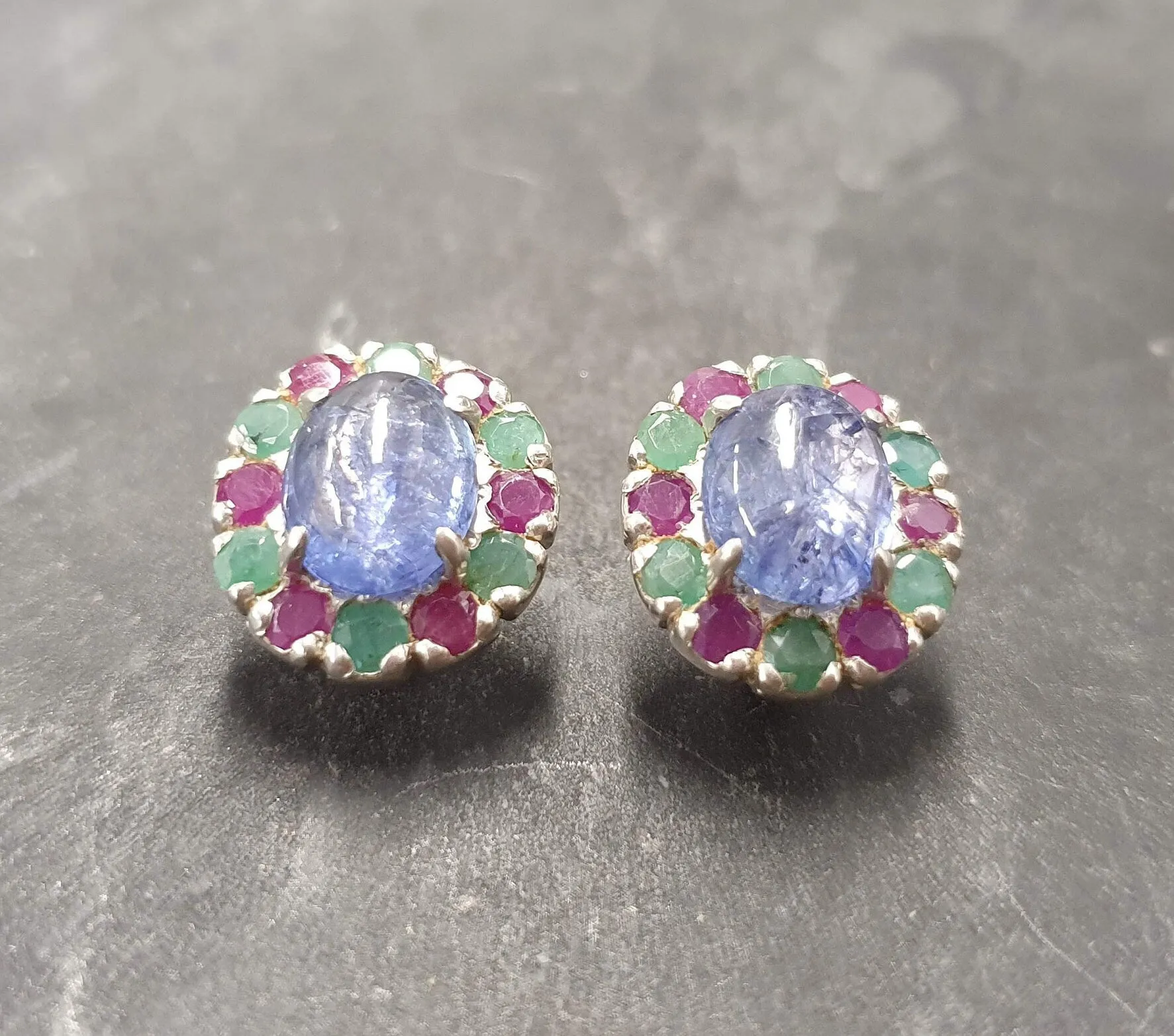 Tanzanite Flower Earrings - Large Blue Studs - Vintage Floral Earrings