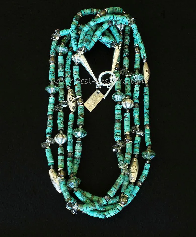 Turquoise Heishi 4-Strand Necklace with Hill Tribe Silver Cylinder Beads & Ridged Rounds, Crystal Teardrops, Czech & Fire Polished Glass, and Sterling Silver Cones & Toggle Clasp