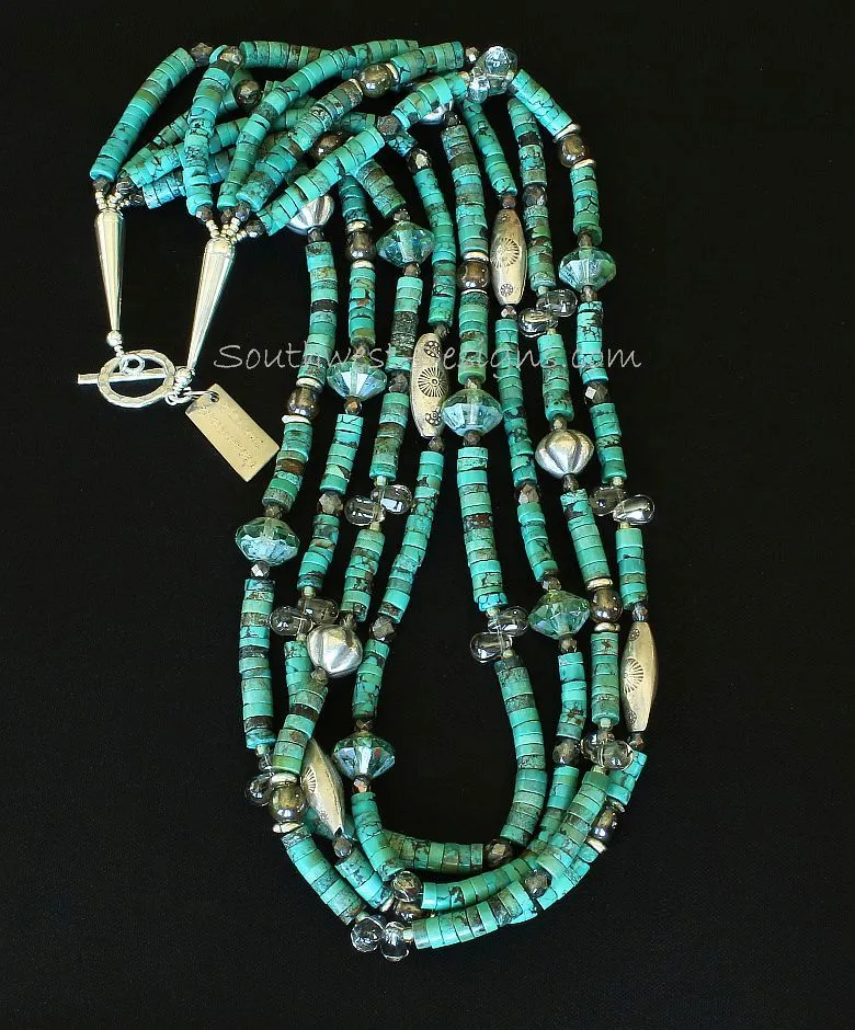 Turquoise Heishi 4-Strand Necklace with Hill Tribe Silver Cylinder Beads & Ridged Rounds, Crystal Teardrops, Czech & Fire Polished Glass, and Sterling Silver Cones & Toggle Clasp