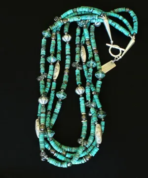 Turquoise Heishi 4-Strand Necklace with Hill Tribe Silver Cylinder Beads & Ridged Rounds, Crystal Teardrops, Czech & Fire Polished Glass, and Sterling Silver Cones & Toggle Clasp