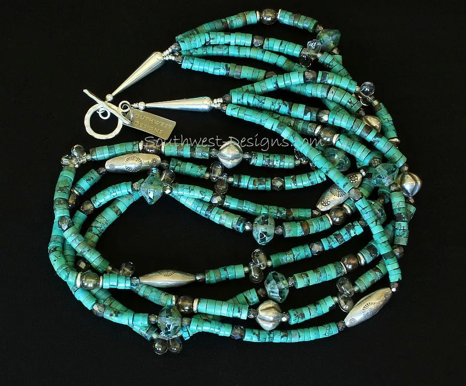 Turquoise Heishi 4-Strand Necklace with Hill Tribe Silver Cylinder Beads & Ridged Rounds, Crystal Teardrops, Czech & Fire Polished Glass, and Sterling Silver Cones & Toggle Clasp