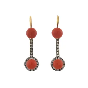 Victorian 15kt/Sterling Natural Coral   Rose Cut Diamond Earrings