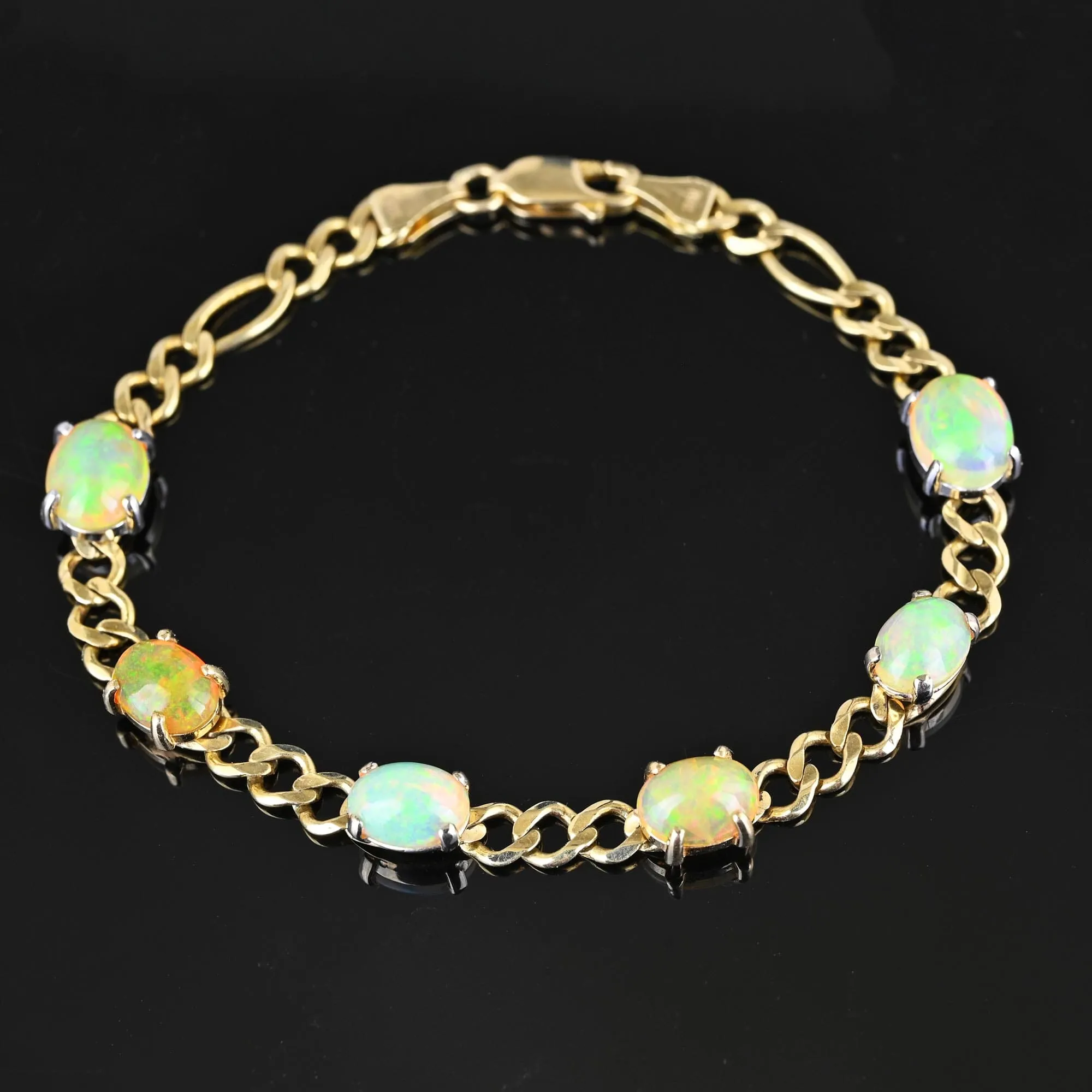 Vintage 10K Gold Curb Chain Opal Tennis Bracelet