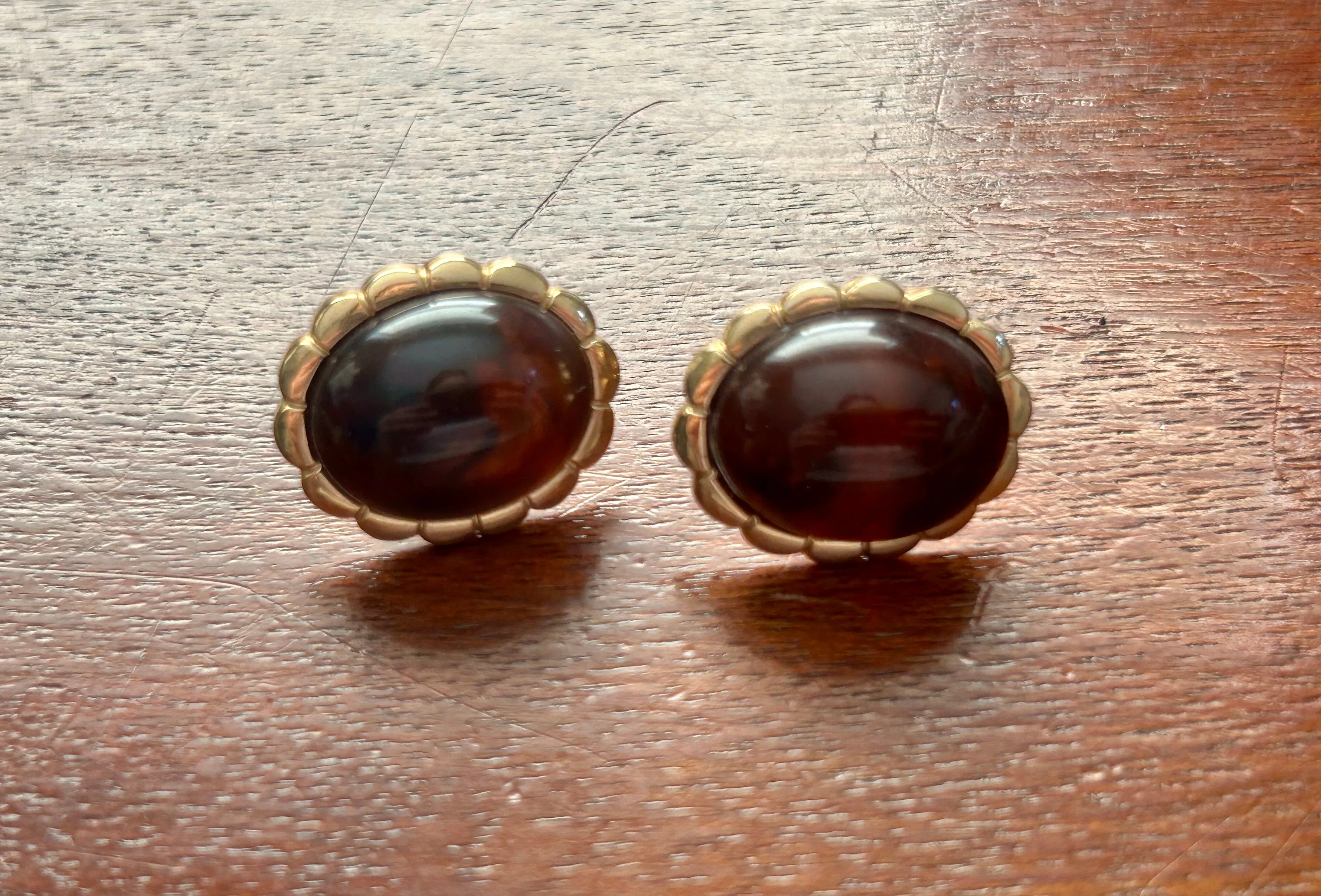Vintage Gold Tone Oval Faux Amber Cabochon Pierced Earrings