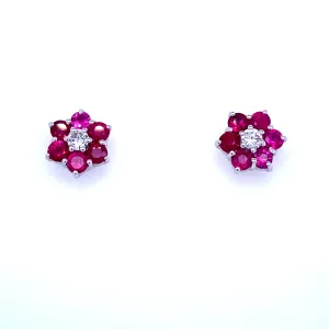 Vintage Ruby Diamond Gold Cluster Stud Earrings