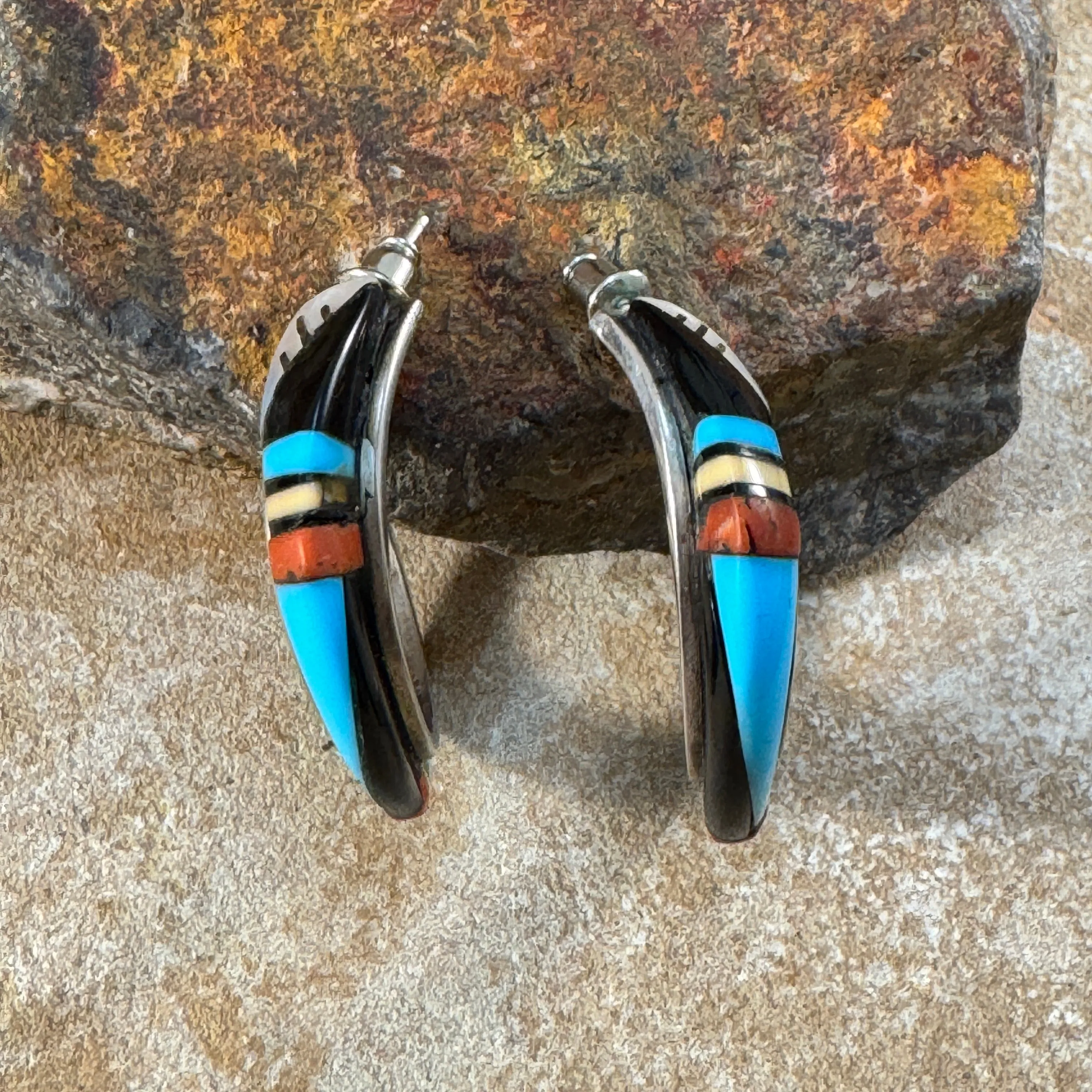 Vintage Zuni Inlay Hoop Earrings - Estate