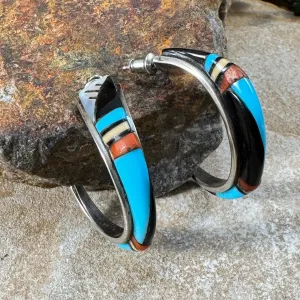 Vintage Zuni Inlay Hoop Earrings - Estate