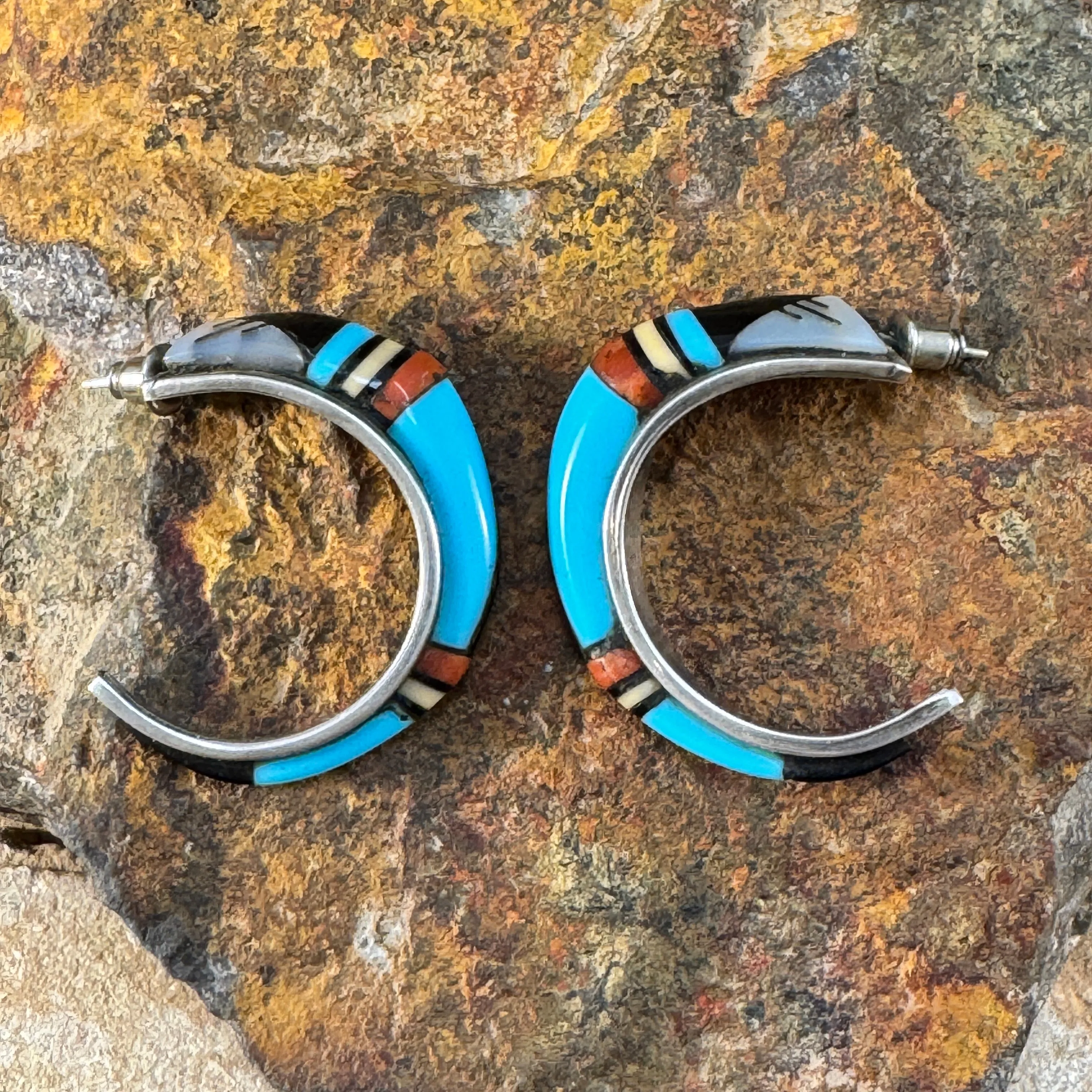 Vintage Zuni Inlay Hoop Earrings - Estate