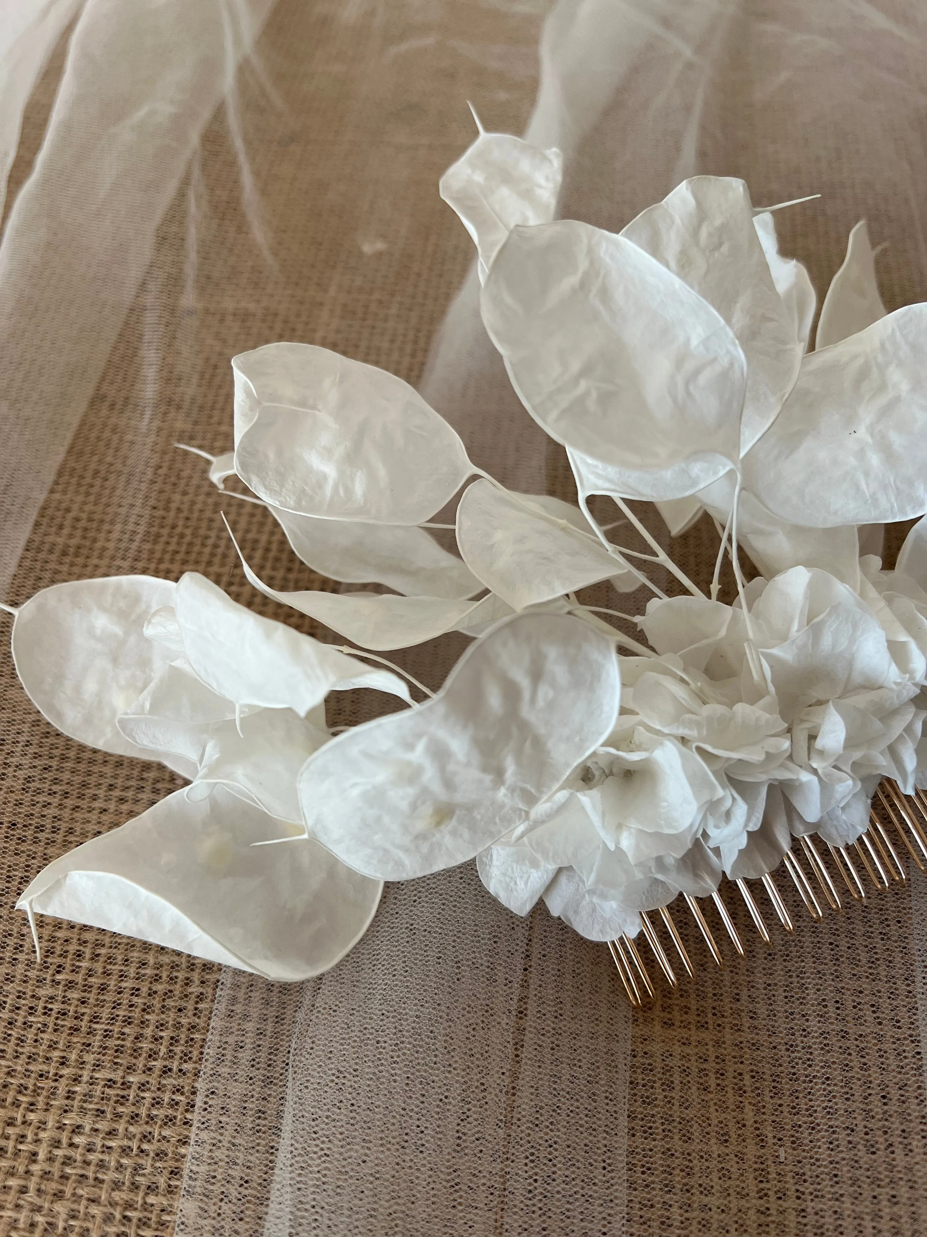 White Floral Statement Hair Comb, Preserved Honesty Headpiece, Modern Lunaria Wedding Headdress, Boho Bridal Hair Accessories