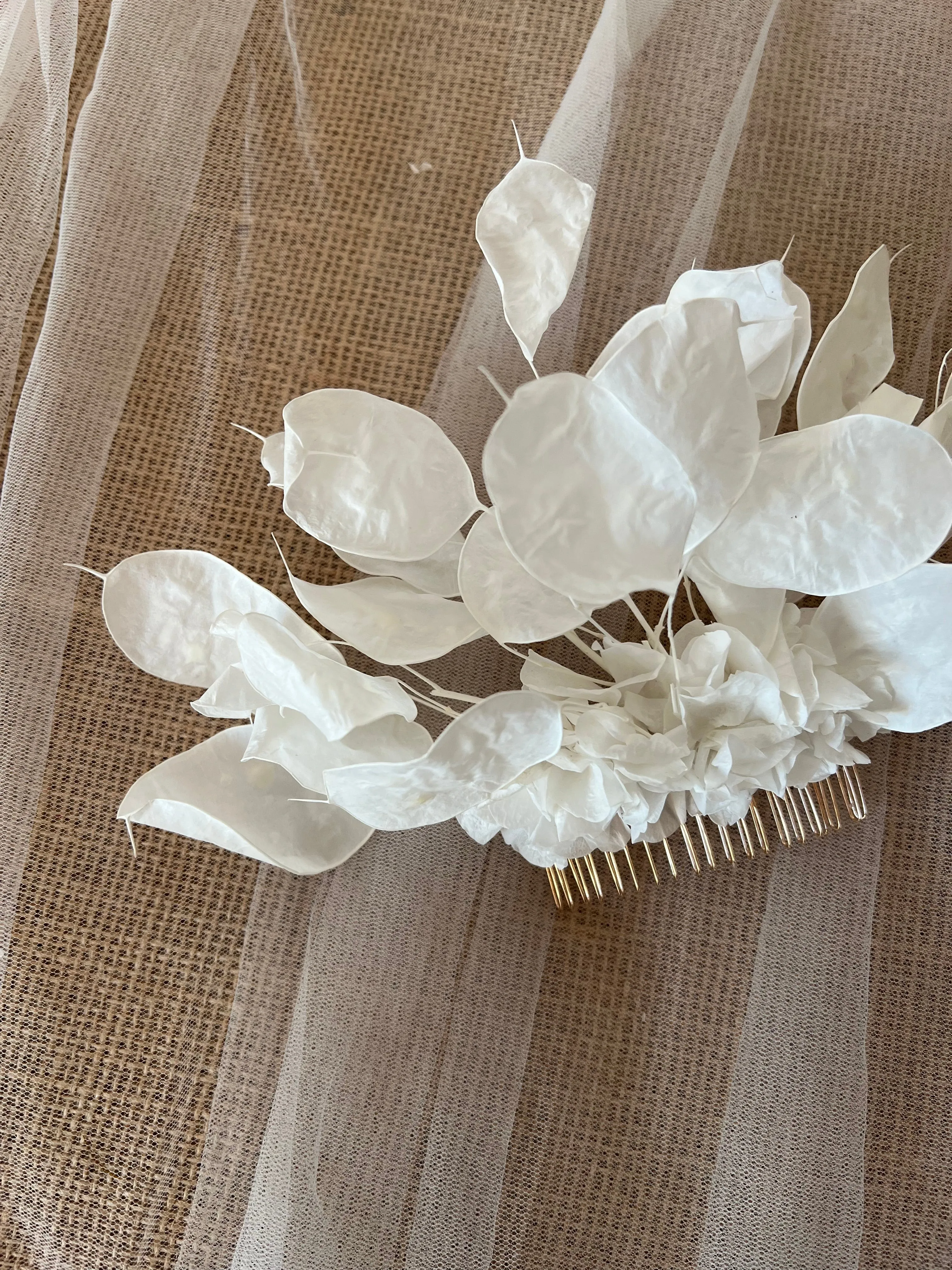 White Floral Statement Hair Comb, Preserved Honesty Headpiece, Modern Lunaria Wedding Headdress, Boho Bridal Hair Accessories