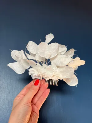 White Floral Statement Hair Comb, Preserved Honesty Headpiece, Modern Lunaria Wedding Headdress, Boho Bridal Hair Accessories