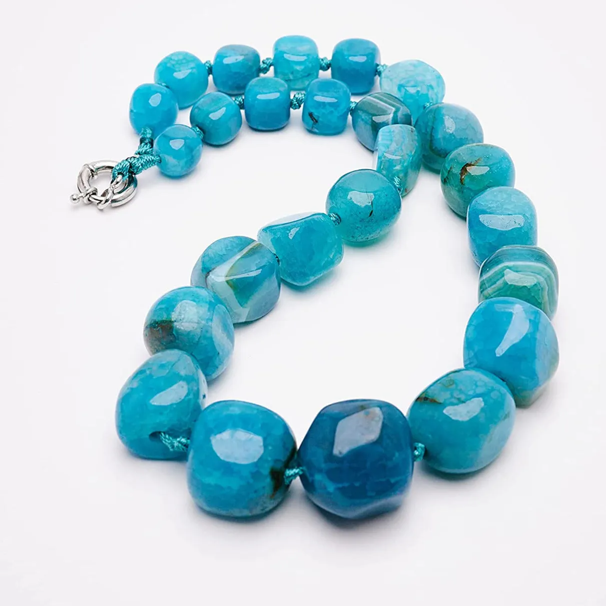 Women's Chunky Statement Natural Blue Agate Gemstone Beaded Necklace, Gift for Her